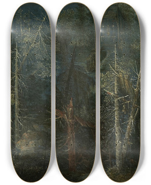 Triptych art skateboard deck of Pieter Stevens Forest Landscape With Hermitage by Pieter Stevens (1567-1624)
