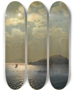 Triptych art skateboard deck of Georgy Zakharovich Bashinzhagyan Lake Sevan In Moonlight by Georgy Zakharovich Bashinzhagyan (1857-1925)
