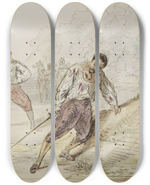 Triptych art skateboard deck of Alexander Ver Huell Landschap Met Duellerende Mannen by Alexander Ver Huell (1822-1897)
