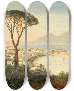 Triptych art skateboard deck of Albert Zimmermann A View Of The Bay Of Naples by Albert Zimmermann (1808-1888)