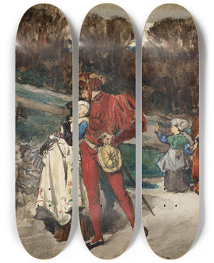 Triptych art skateboard deck of James Tissot Le Dpart Du Fianc by James Tissot (1836-1902)