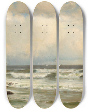 Triptych art skateboard deck of Francis Augustus Silva Summer Winds Long Branch Beach New Jersey by Francis Augustus Silva (1835-1886)