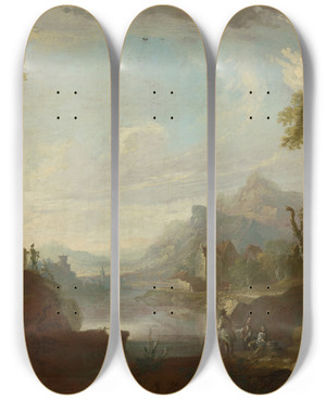 Triptych art skateboard deck of Caspar Wolf Ruin Of A Castle Near A Lake With Fishermen by Caspar Wolf (1735-1783)