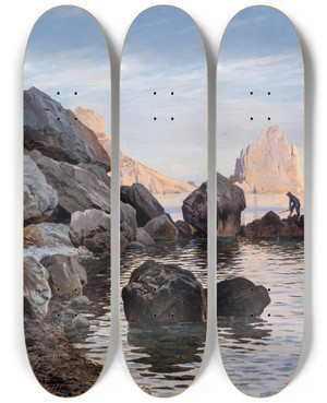 Triptych art skateboard deck of Harald Jerichau Coast Scene Capri by Harald Jerichau (1851-1878)