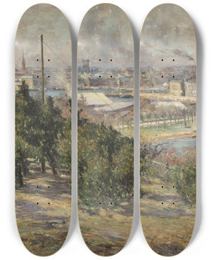 Triptych art skateboard deck of Karl Nordstrm View Of Stockholm From Skansen by Karl Nordstrom (1855-1923)