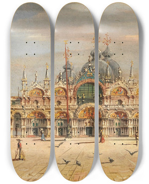 Triptych art skateboard deck of Marco Grubas Venice A View Of St Marks Square by Marco Grubas (1839-1910)