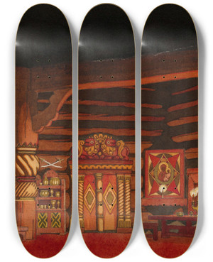 Triptych art skateboard deck of Ivan Bilibin Set Design For The Opera The Tsars Bride by Ivan Bilibin (1876-1942)