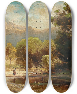 Triptych art skateboard deck of Anton Hugo Ullik Landscape With Duck Pond And View Of A Castle by Anton Hugo Ullik (1838-1881)