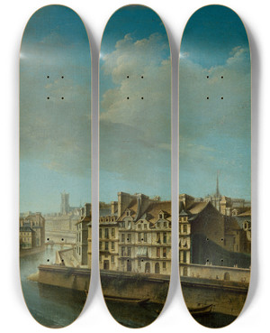 Triptych art skateboard deck of Nicolas Jeanbaptiste Raguenet Le Chevet De Notredame Et La Pointe Occidentale De Lile Saintlouis by Nicolas Jean-Baptiste Raguenet (1715-1793)
