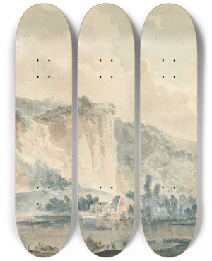 Triptych art skateboard deck of Louis Gabriel Moreau A River Landscape With Cliffs by Louis Gabriel Moreau (1740-1806)