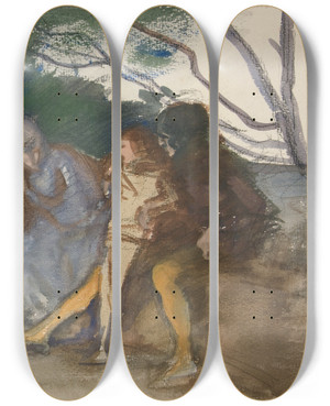 Triptych art skateboard deck of Edwin Austin Abbey Figures Seated Along An Outdoorbench by Edwin Austin Abbey (1852-1911)
