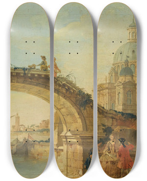Triptych art skateboard deck of The Pseudo Battaglioli A Capriccio View With A Footbridge Over A River A Large Cathedral In The Background by The Pseudo Battaglioli (18-)