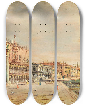 Triptych art skateboard deck of Marco Grubas Venice A View Of Riva Degli Schiavoni With Palazzo Ducale by Marco Grubas (1839-1910) Triptych art skateboard deck of Marco Grubas Venice A View Of Riva Degli Schiavoni With Palazzo Ducale by Marco Grubas (1839-1910)