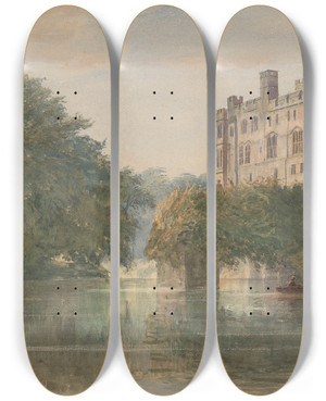 Triptych art skateboard deck of Charles Reginald Aston Warwick Castle by Charles Reginald Aston (1832-1908)
