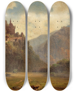 Triptych art skateboard deck of Adolf Obermllner View Of Burg Hochosterwitz Carinthia by Adolf Obermullner (1833-1898)