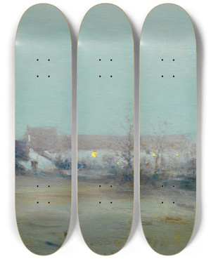 Triptych art skateboard deck of Ivan Pavlovich Pokhitonov Farm At Dusk by Ivan Pavlovich Pokhitonov (1851-1924)