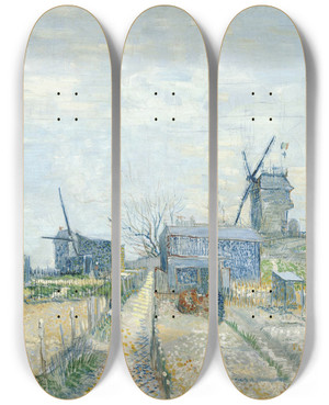 Triptych art skateboard deck of Vincent Van Gogh Montmartre Mills And Vegetable Gardens by Vincent van Gogh (1853-1890)