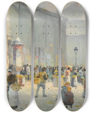 Triptych art skateboard deck of Lon Lematre Les Halles Paris by Leon Lemaitre (1850-1905)