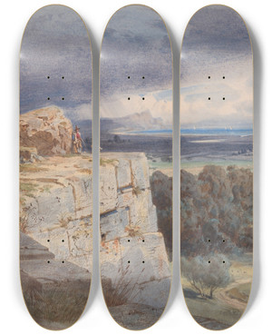 Triptych art skateboard deck of Carl Friedrich Heinrich Werner View Of Norba From The North Towards San Felice Circeo by Carl Friedrich Heinrich Werner (1808-1894)