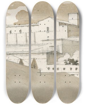 Triptych art skateboard deck of David Humbert De Superville Gebouwencomplex by David Humbert De Superville (1770-1849)