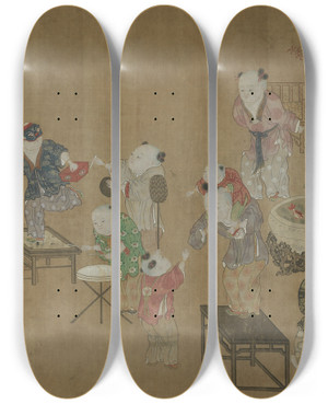 Triptych art skateboard deck of Xia Kui Children At Play by Xia Kui (1405-1445)