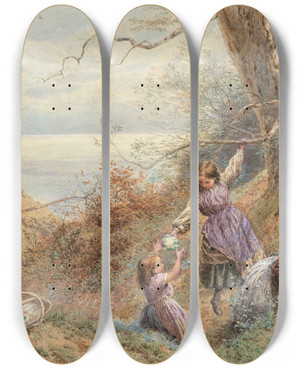 Triptych art skateboard deck of Myles Birket Foster The Primrose Gatherers by Myles Birket Foster (1825-1899)