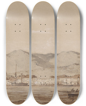 Triptych art skateboard deck of Michel Jean Cazabon Port Of Shain From The Sea by Michel Jean Cazabon (1813-1888)
