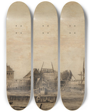 Triptych art skateboard deck of Ludolf Bakhuysen The Shipyard Of The Amsterdam Admiralty by Ludolf Backhuysen (1630-1708)