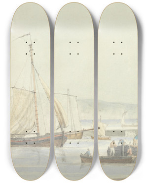 Triptych art skateboard deck of Dominic Serres Harbor Scene by Dominic Serres (1722-1793)