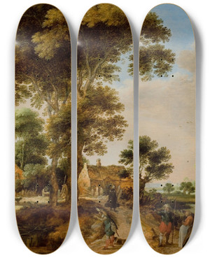 Triptych art skateboard deck of Gillis Claesz De Hondecoeter The Country Road by Gillis Claesz De Hondecoeter (1575-1580-1638)