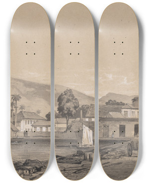 Triptych art skateboard deck of Michel Jean Cazabon Custom House And Comissant by Michel Jean Cazabon (1813-1888)