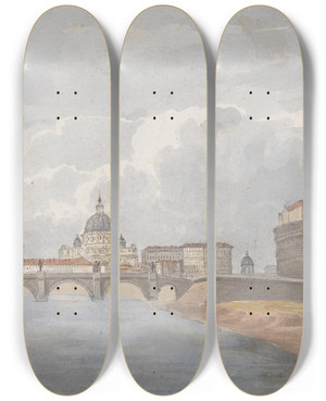 Triptych art skateboard deck of Isaac Weld On The Tiber Castle Of St Angelo by Isaac Weld (1774-1856)