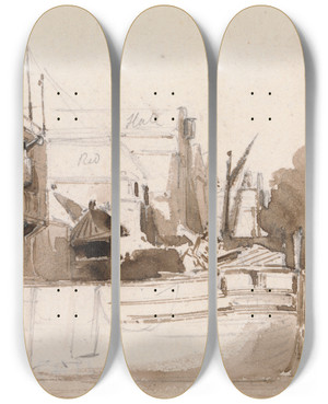 Triptych art skateboard deck of James Stark A Thames Barge by James Stark (1794-1859)