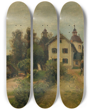 Triptych art skateboard deck of Anton Hlavacek Castle In Velden On Wrthersee by Anton Hlavacek (1842-1926)