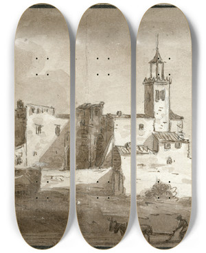 Triptych art skateboard deck of Otto Howen Het Kasteel Van Medinia by Otto Howen (1774-1848)