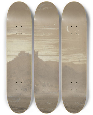 Triptych art skateboard deck of Heinrich Funk Taunuslandschaft Bei Morgendmmerung by Heinrich Funk (1807-1877)