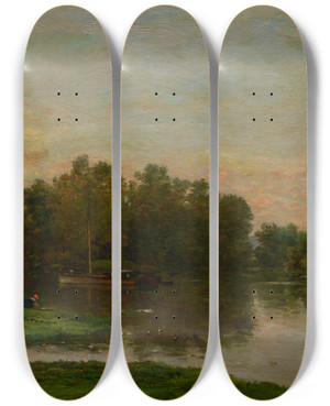 Triptych art skateboard deck of Charles Franois Daubigny The Painters Barge At The Ile De Vaux On The Oise River by Charles Francois Daubigny (1817-1878)