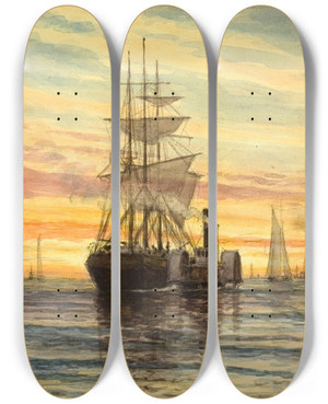 Triptych art skateboard deck of Thomas Moran Harbor Scene by Thomas Moran (1837-1926)