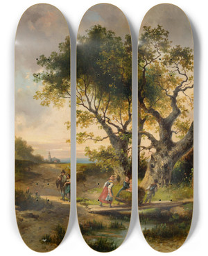 Triptych art skateboard deck of Dominik Schuhfried Idyllisches Landleben Mit Heueinbringung by Dominik Schuhfried (1810-1877)