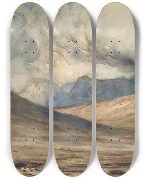 Triptych art skateboard deck of Paul Huet Mountains Of Auvergne by Paul Huet (1803-1869)