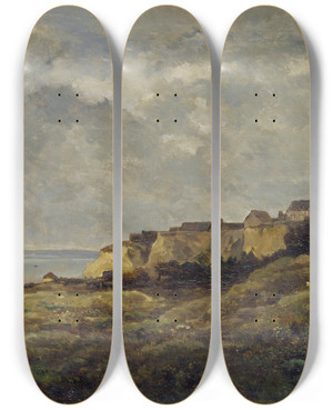Triptych art skateboard deck of Charles Franois Daubigny Coastal Landscape In Normandy Villervillesurmer by Charles Francois Daubigny (1817-1878)