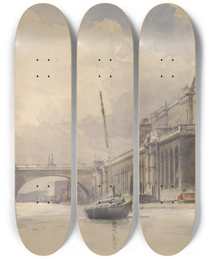 Triptych art skateboard deck of William Edward Dighton Somerset House And Waterloo Bridge by William Edward Dighton