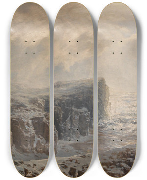 Triptych art skateboard deck of August Schaeffer Von Wienwald Schneesturm An Einer Nordischen Kste by August Schaeffer Von Wienwald (1833-1916)