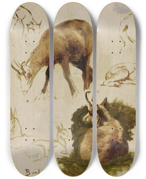 Triptych art skateboard deck of Rosa Bonheur Studies Of An Isard by Rosa Bonheur (1822-1899)