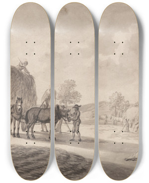Triptych art skateboard deck of Heinrich W Schweickhardt Haymaking by Heinrich W. Schweickhardt