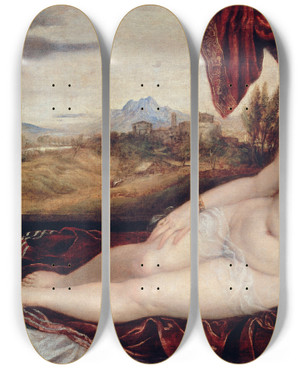 Triptych art skateboard deck of Titian Venus With The Organ Player by Titian (1488-1576)