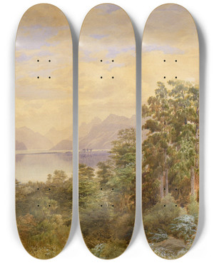 Triptych art skateboard deck of John Gully Lake Te Anau by John Gully (1819-1888)