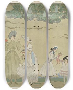 Triptych art skateboard deck of George Barbier Le Jeu Des Marionnettes by George Barbier (1882-1932)