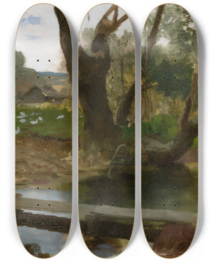Triptych art skateboard deck of Henryk Siemiradzki View Of The Wisocz River by Henryk Siemiradzki (1843-1902)
