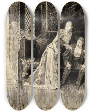 Triptych art skateboard deck of Charles Dana Gibson The Ghosts by Charles Dana Gibson (1867-1944)
